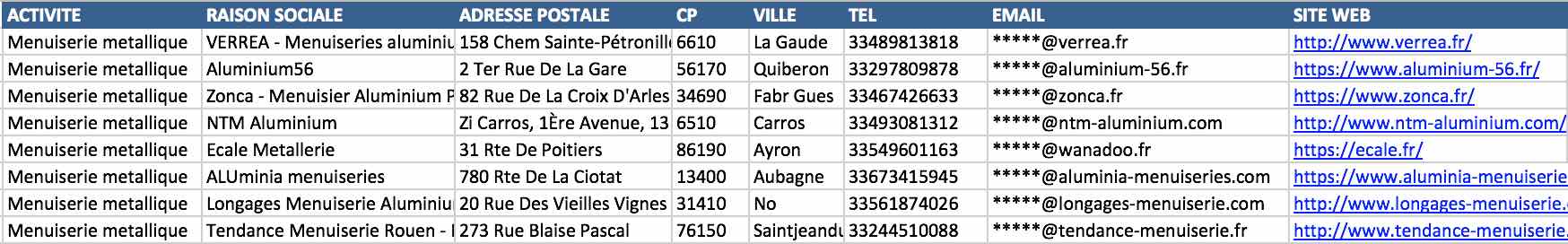 Aperçu du fichier Excel des entreprises de menuiserie métallique