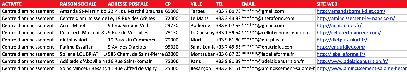 Aperçu du fichier Excel des centres d'amincissement