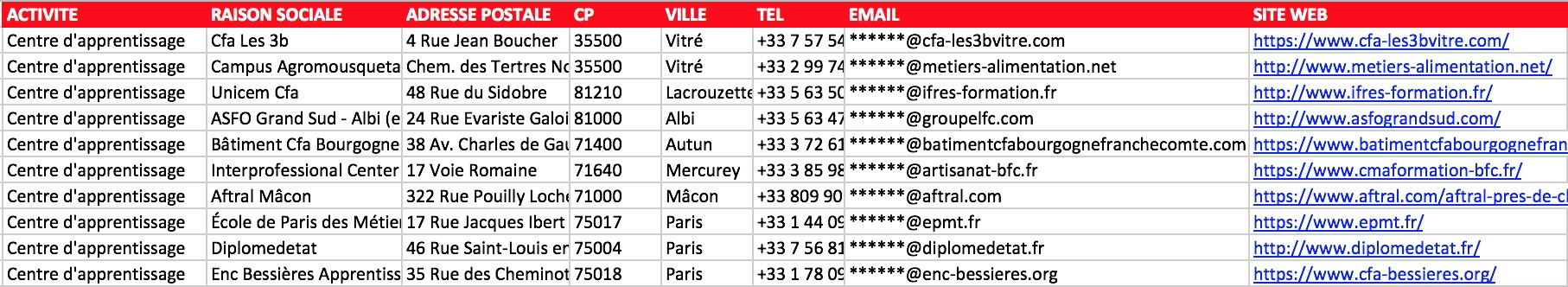 Extrait fichier Excel centres apprentissage CFA France email vérifié directeur responsable filière