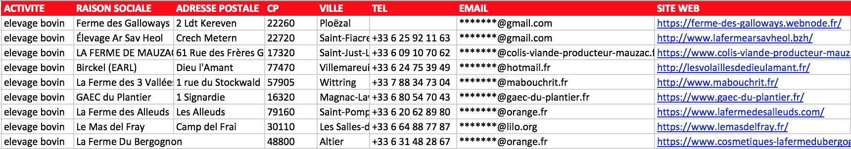 Extrait fichier Excel élevages bovins viande France NAF 01.42Z email vérifié chef exploitation