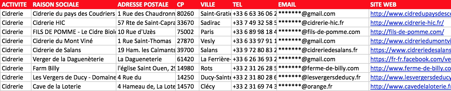 Extrait fichier Excel producteurs de cidre cidreries artisanales France NAF 11.03Z email vérifié