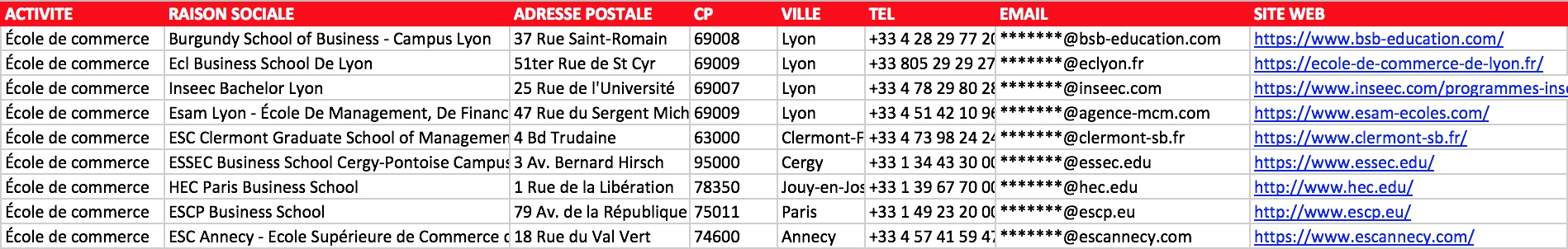 Extrait fichier Excel écoles de commerce France Grande École Bachelor MSc MBA email vérifié directeur