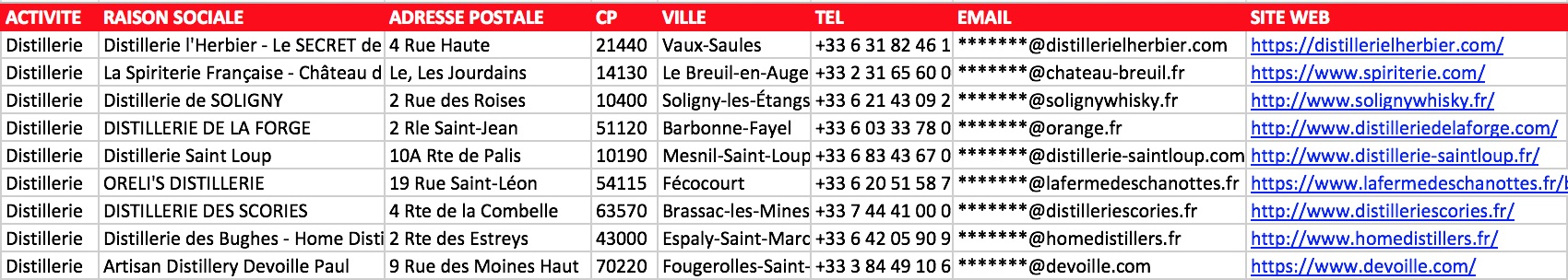 Extrait fichier Excel distilleries producteurs spiritueux gin whisky France NAF 11.01Z email vérifié