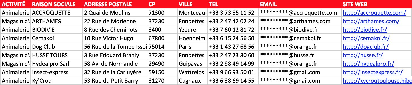 Aperçu du fichier Excel des animaleries et jardineries
