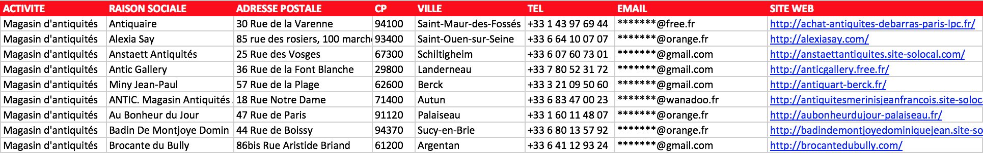 Aperçu du fichier Excel des antiquaires et marchands d'art