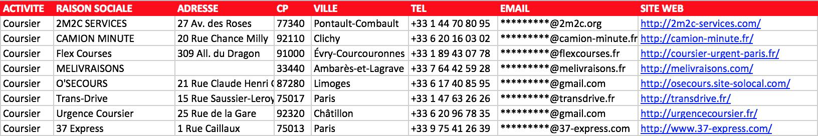 Aperçu du fichier Excel des coursiers