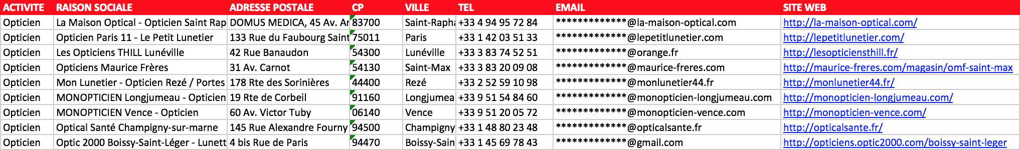 Aperçu du fichier Excel des opticiens