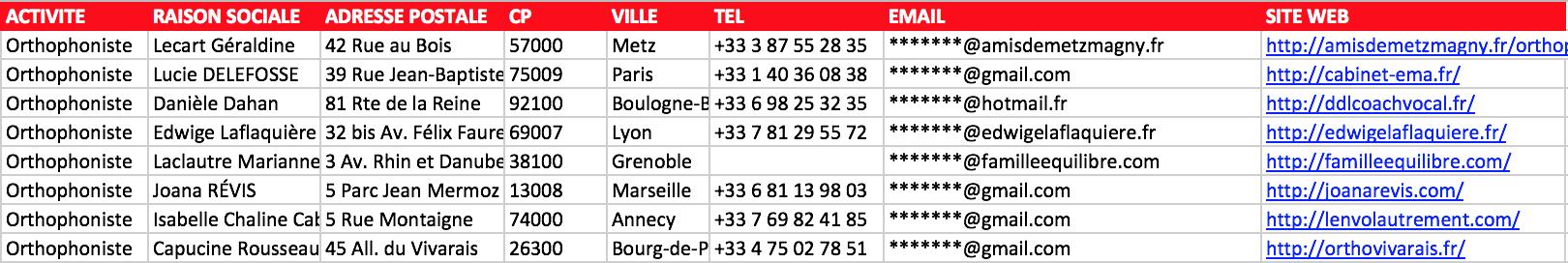 Aperçu du fichier Excel des orthophonistes