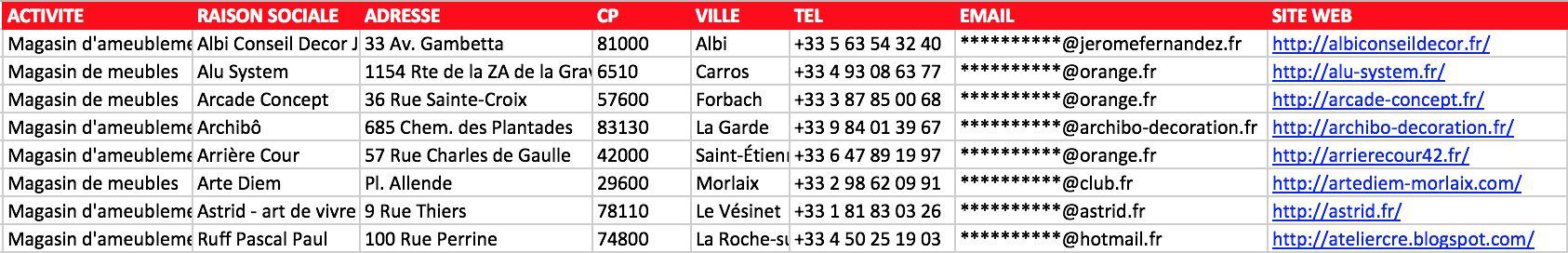 Aperçu du fichier Excel des magasins de meubles