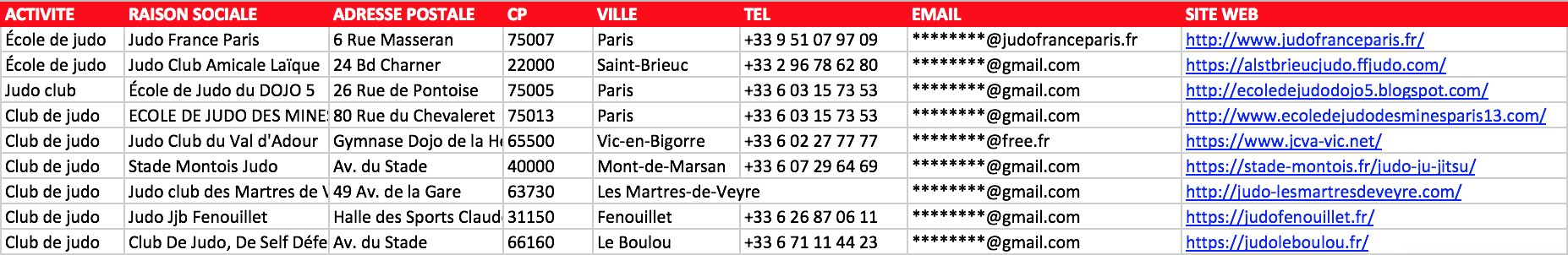 Extrait fichier Excel clubs judo France FFJDA compétition loisir école jeunes email vérifié président professeur responsable