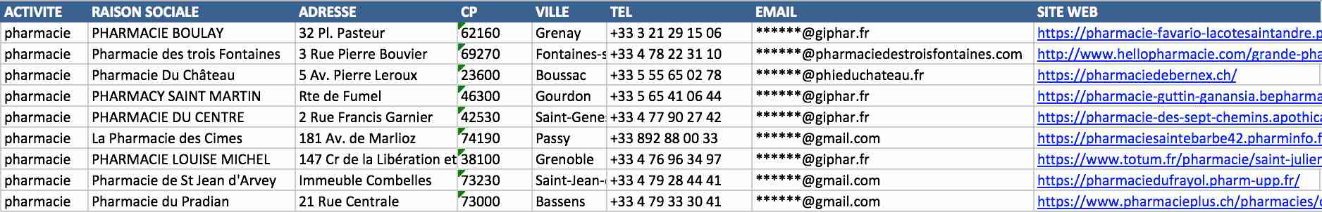 Extrait du fichier Excel complet santé médecine — activité médicale, raison sociale, adresse, email professionnel, téléphone