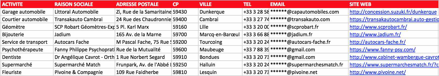 Extrait du fichier des entreprises du Nord 59