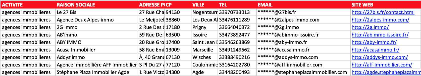 Extrait fichier Excel agences immobilières transaction location France NAF 68.31Z email vérifié