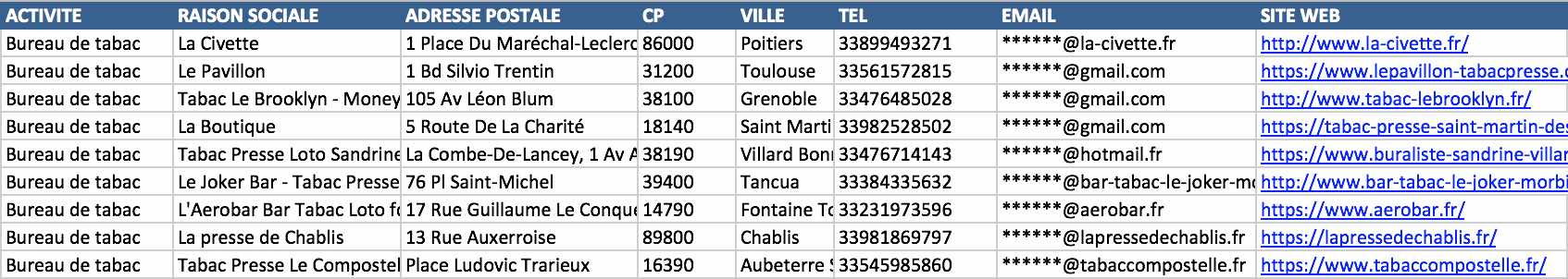 Aperçu du fichier Excel des buralistes et bureaux de tabac