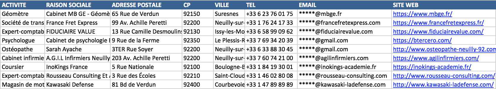 Aperçu du fichier Excel des entreprises des Hauts-de-Seine