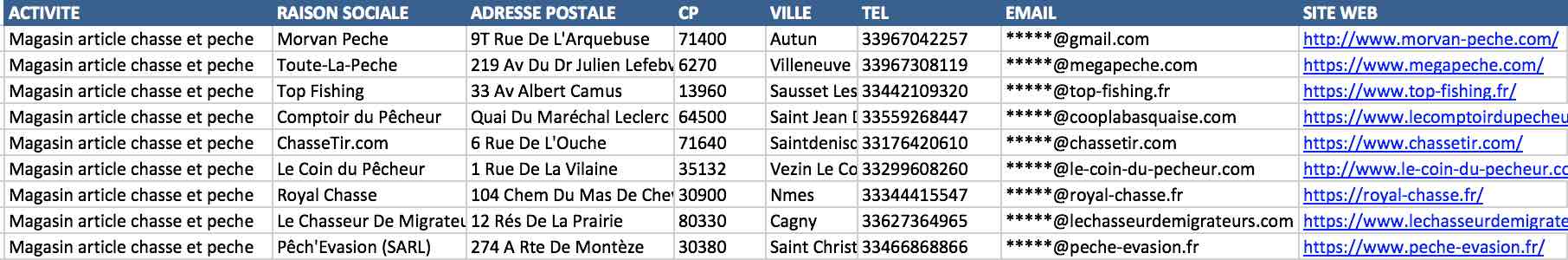 Aperçu du fichier Excel des magasins de chasse et pêche
