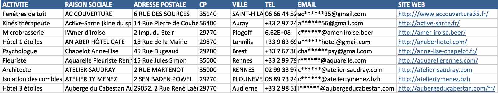 Exemple de fichier Excel base de données entreprises Bretagne