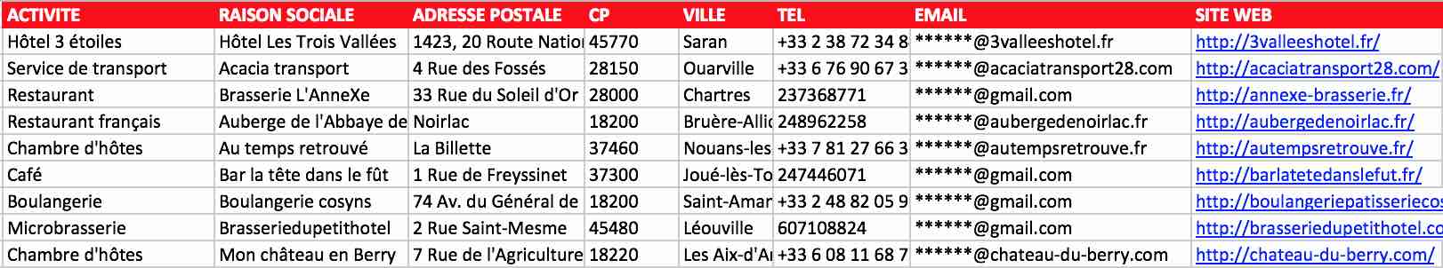 Exemple de fichier Excel base de données entreprises Centre-Val de Loire