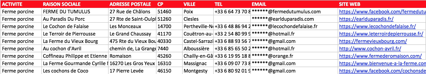 Extrait fichier Excel élevages porcs production porcine France NAF 01.46Z email vérifié chef exploitation